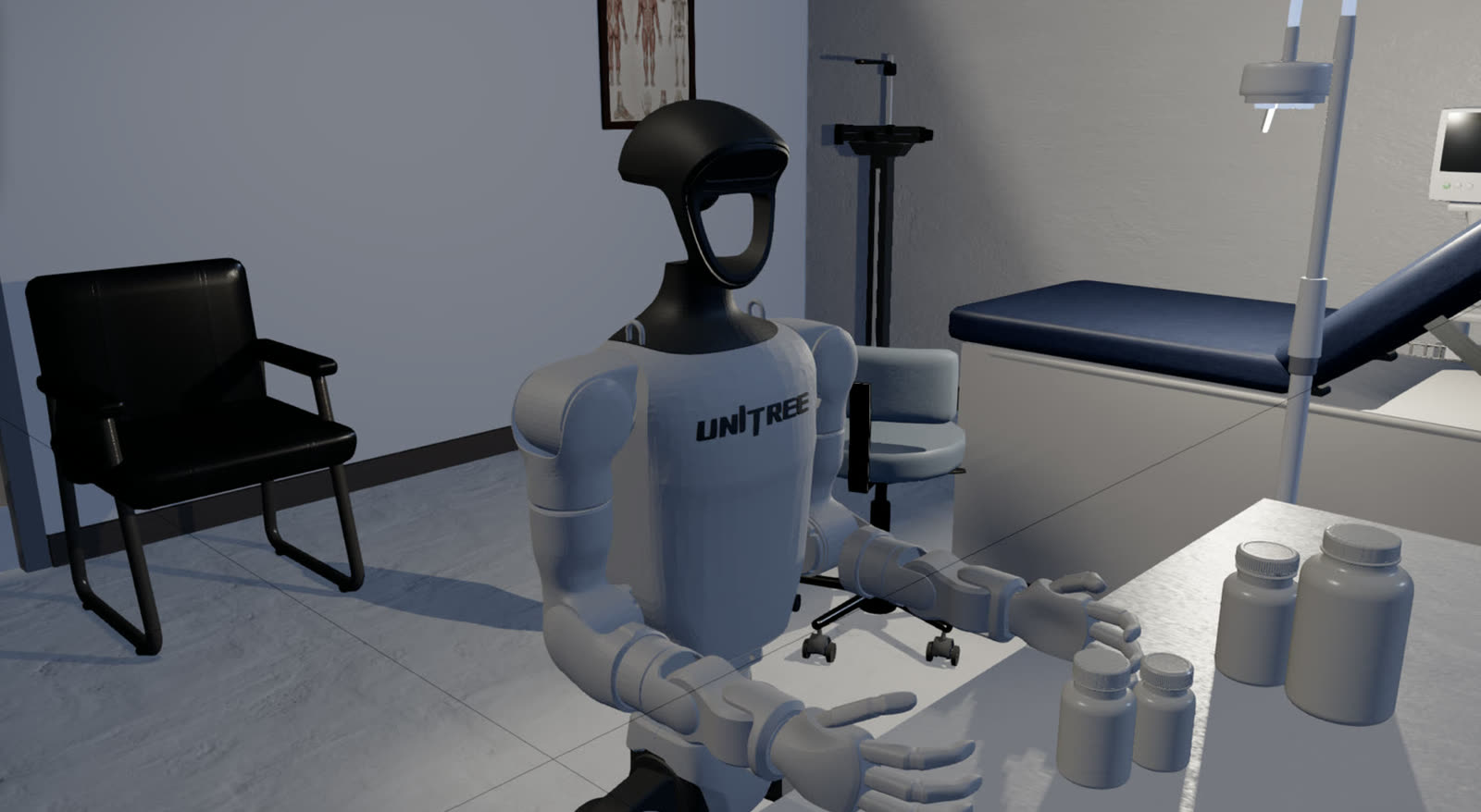Unitree humanoid in a generated exam room