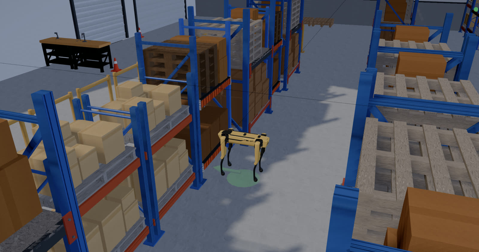 Spot robot in a generated warehouse scene